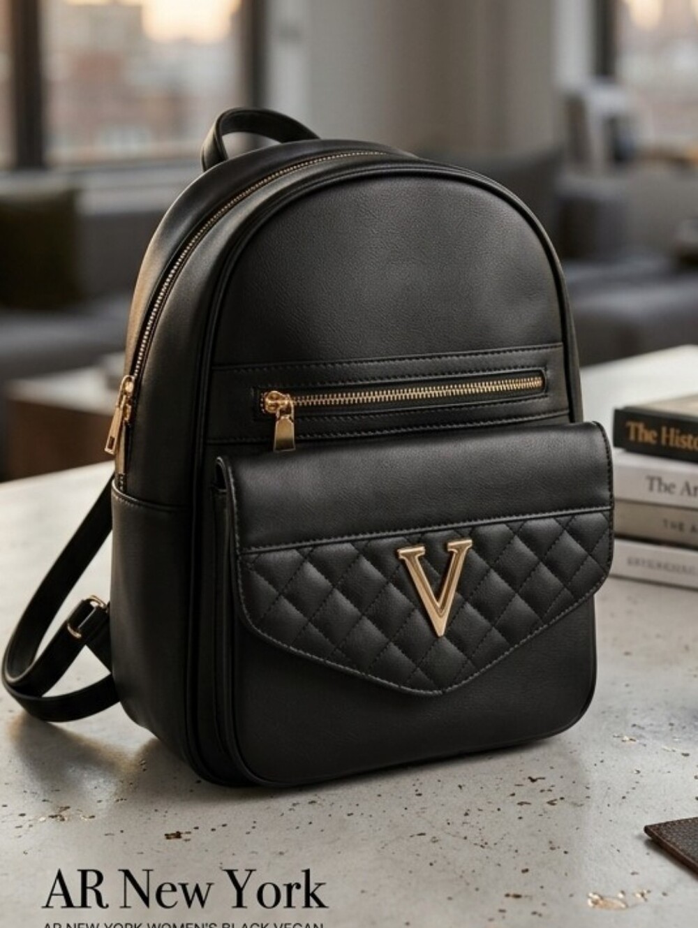 AR New York Women's Black Vegan Faux Leather Stylish Backpack Purse